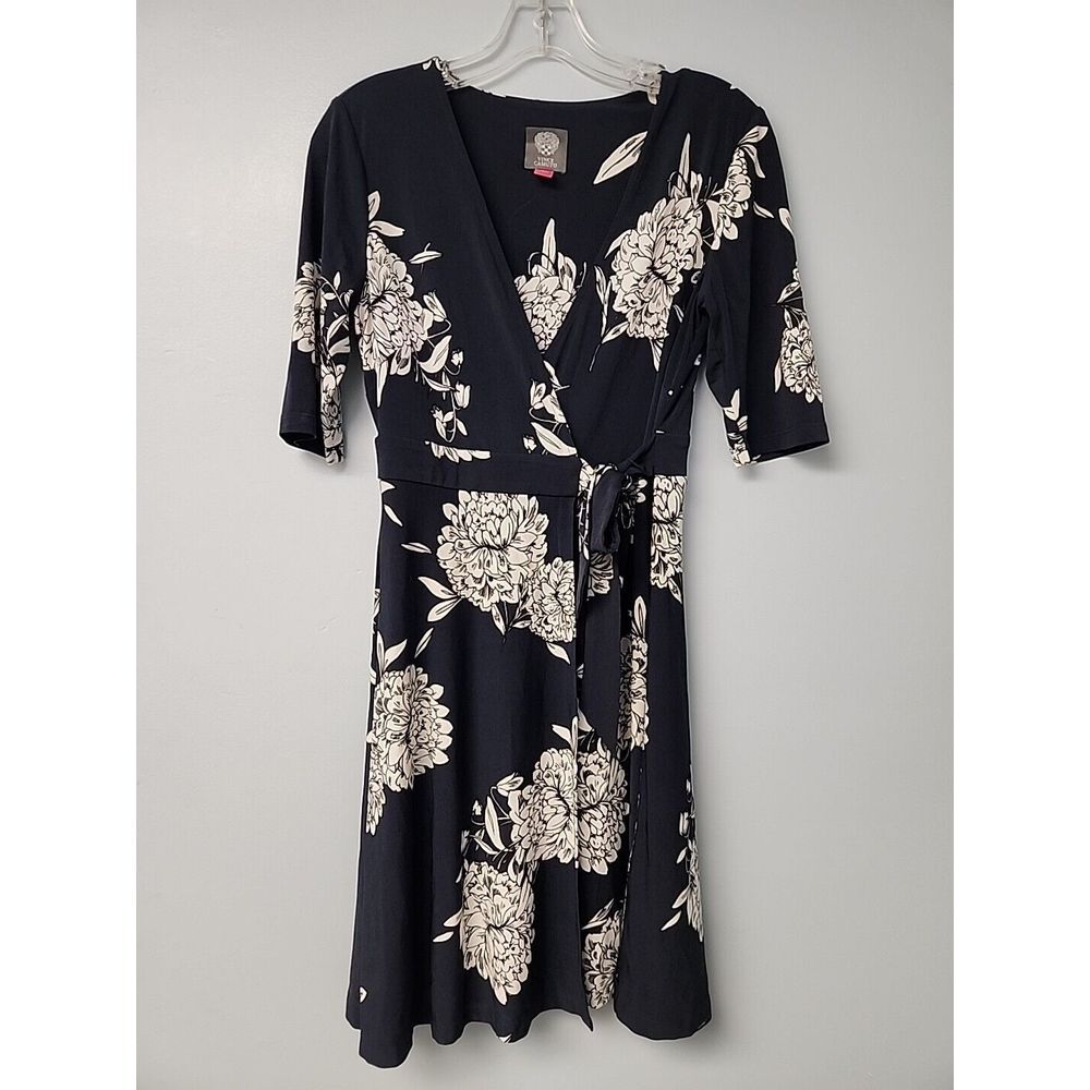 Vince Camuto Womens 4 A-line Wrap Dress Blue Floral Short Sleeve V Neck